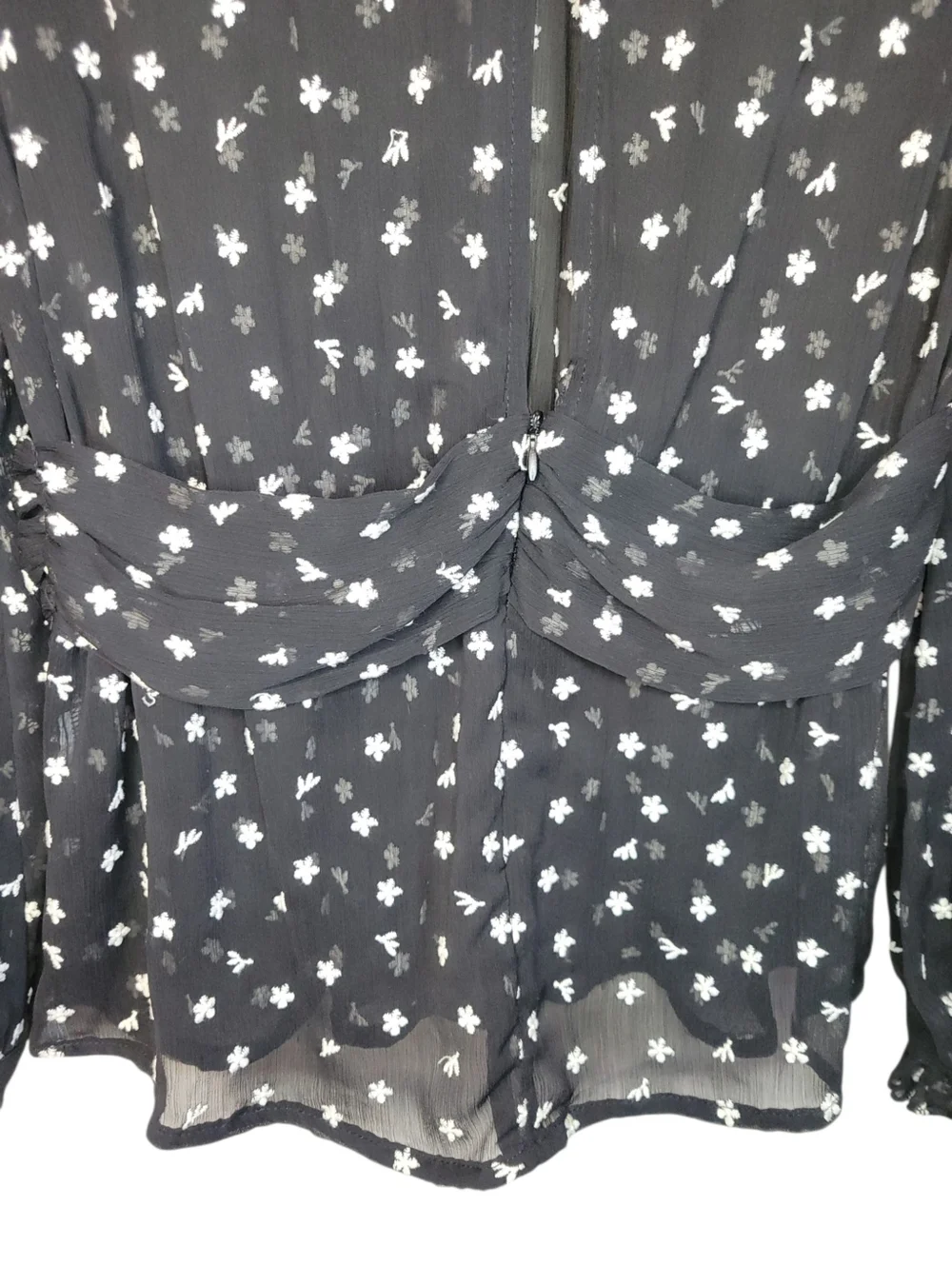 Zara Sheer Embroidered Blouse Small Black Floral Mesh Ruffle Neck Peplum Top - Picture 8 of 10